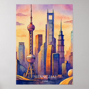 Shanghai Skyline China Travel Watercolor Poster