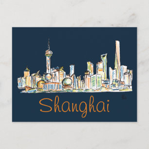 Shanghai Skyline Drawing Postcard