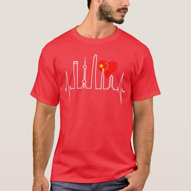 Shanghai Skyline Heartbeat Heart China I Love Asia T-Shirt (Front)