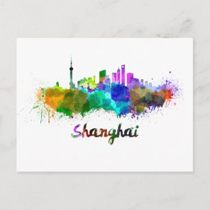 Shanghai skyline in watercolor postcard