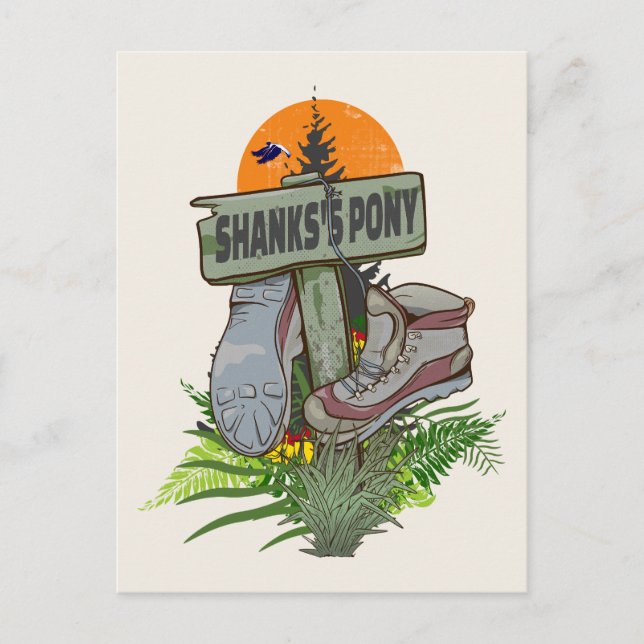 Shanks's pony old hiking boots postcard (Front)