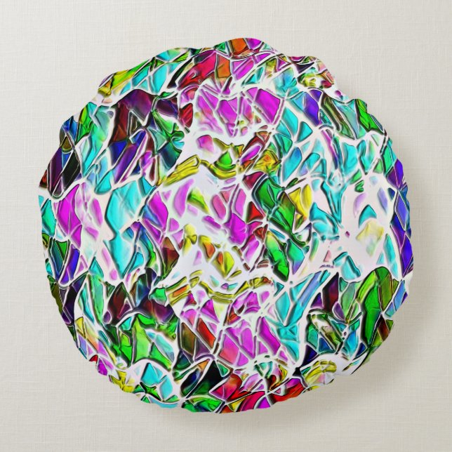 Shape of coloured and shiny stones dipped in milk round cushion (Back)