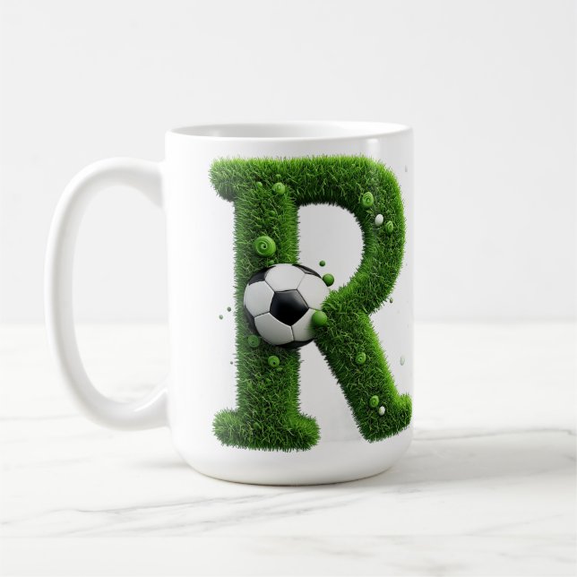Shaped Grass Letter With Soccer Balls Coffee Mug (Left)