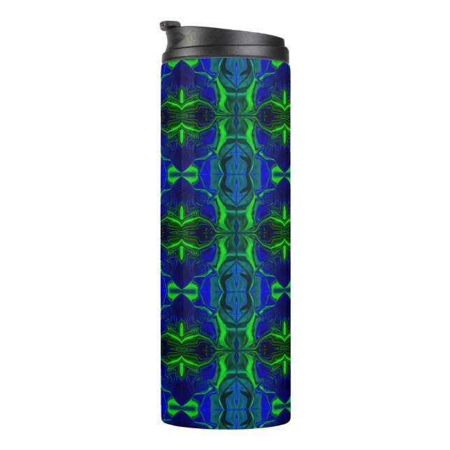 Shapes, 'green strokes float' over blue background thermal tumbler (Rotated Right)