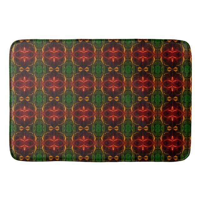 Shapes of "red strokes float" on green background bath mat (Front)