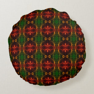 Shapes of "red strokes float" on green background round cushion