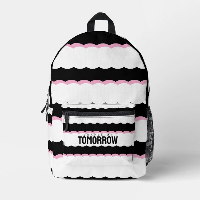 “Shapes of Tomorrow” Black, White & Pink Wavy  Printed Backpack (Front)