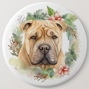 Shar Pei Christmas Wreath Festive Pup  6 Cm Round Badge