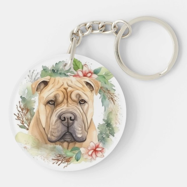Shar Pei Christmas Wreath Festive Pup  Key Ring (Back)