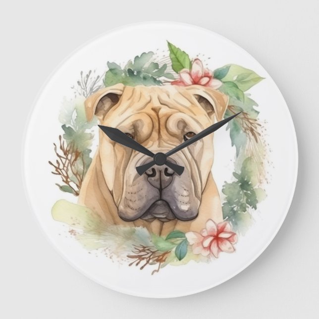 Shar Pei Christmas Wreath Festive Pup  Large Clock (Front)