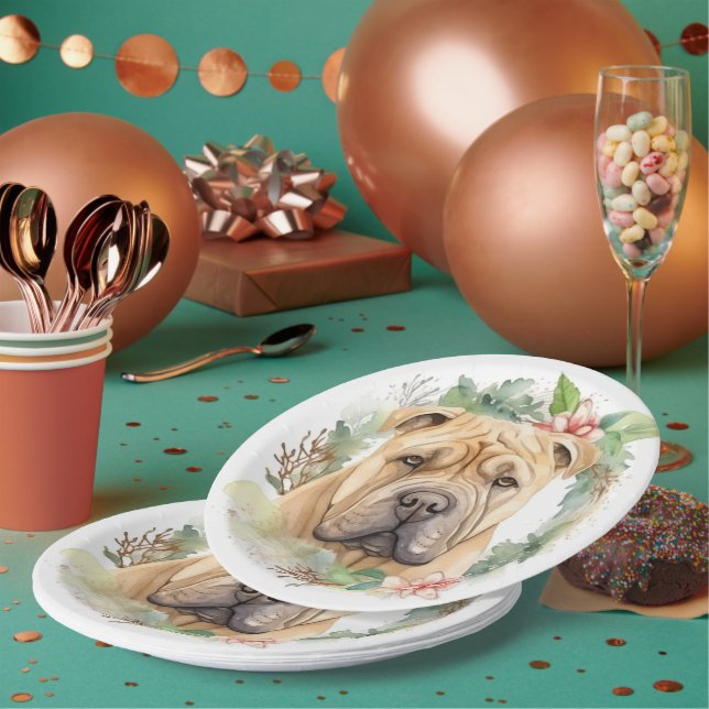 Shar Pei Christmas Wreath Festive Pup  Paper Plate (Multi)