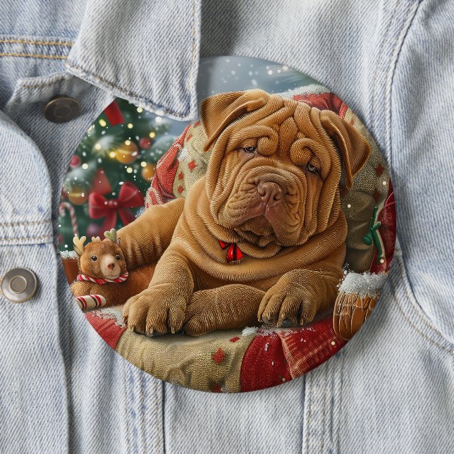 Shar Pei Dog Christmas Festive 6 Cm Round Badge (In Situ)