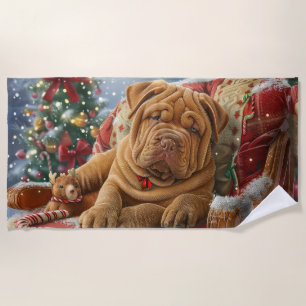 Shar Pei Dog Christmas Festive Beach Towel
