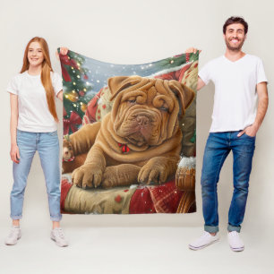 Shar Pei Dog Christmas Festive Fleece Blanket