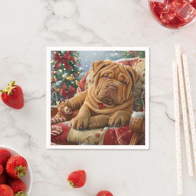 Shar Pei Dog Christmas Festive Napkin (Insitu)