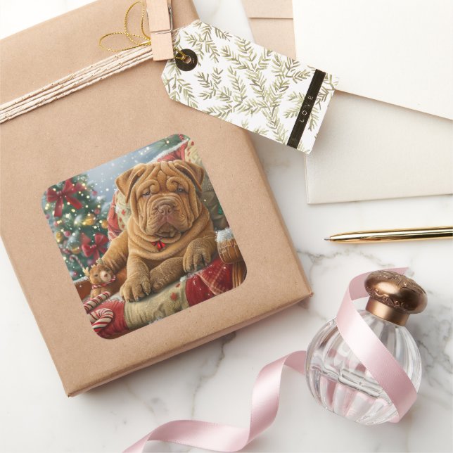 Shar Pei Dog Christmas Festive Square Sticker (Gifting)