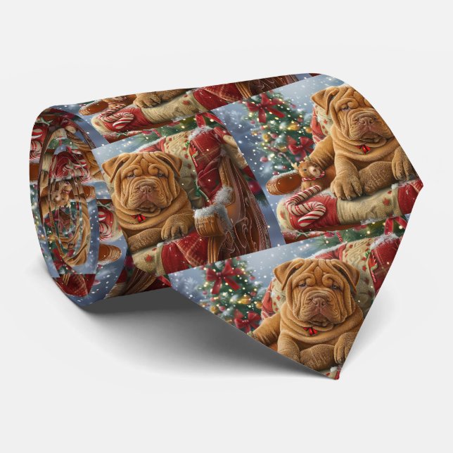 Shar Pei Dog Christmas Festive Tie (Rolled)