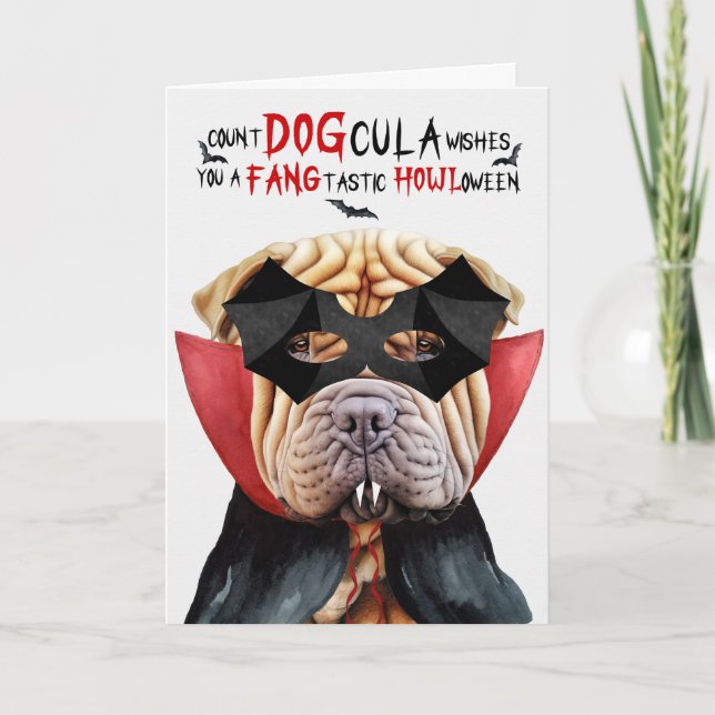 Shar Pei Dog Funny Count DOGcula Halloween Holiday Card (Front)