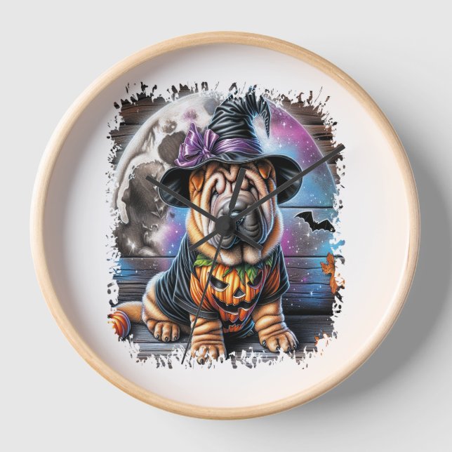 Shar Pei Dog Halloween Square Clock (Front)