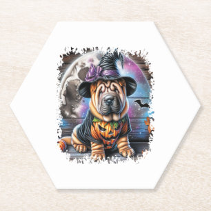 Shar Pei Dog Halloween Square Paper Coaster