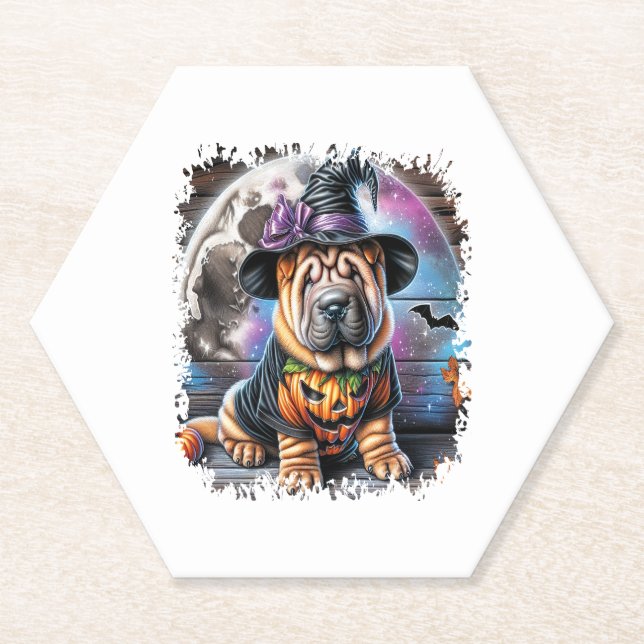 Shar Pei Dog Halloween Square Paper Coaster (Front)