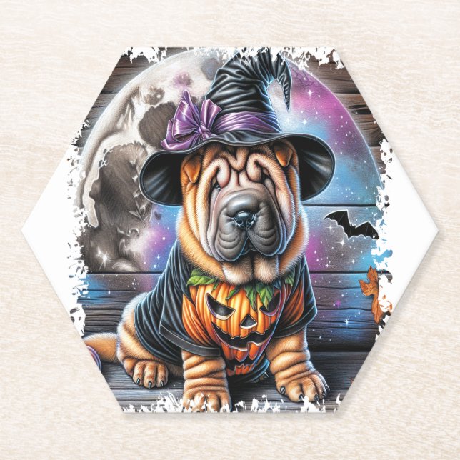Shar Pei Dog Halloween Square Paper Coaster (Front)