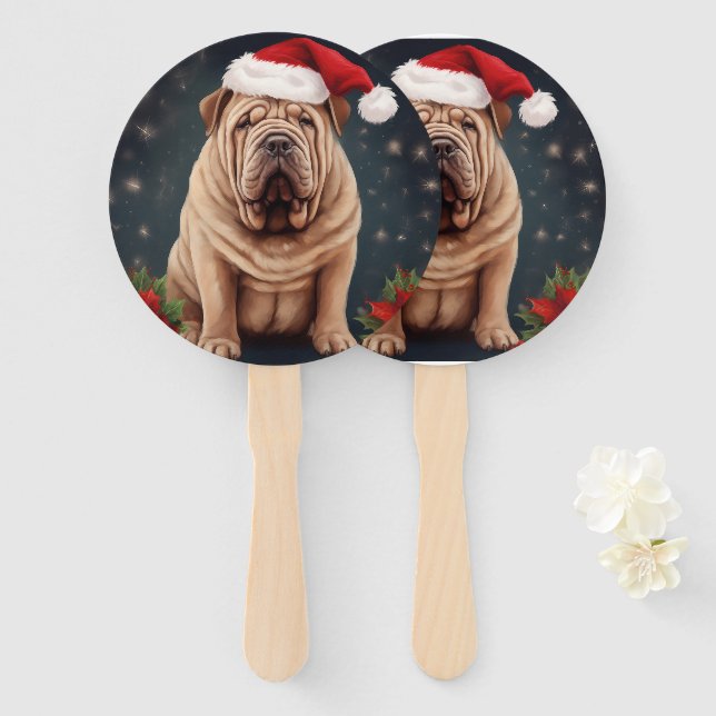 Shar Pei Dog in Snow Christmas  Hand Fan (Front and Back)