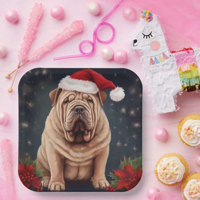 Shar Pei Dog in Snow Christmas  Paper Plate (Party)