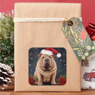 Shar Pei Dog in Snow Christmas  Square Sticker