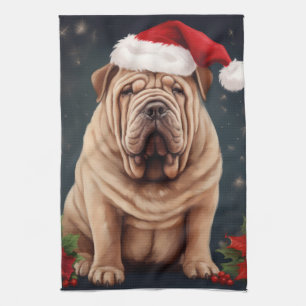 Shar Pei Dog in Snow Christmas  Tea Towel