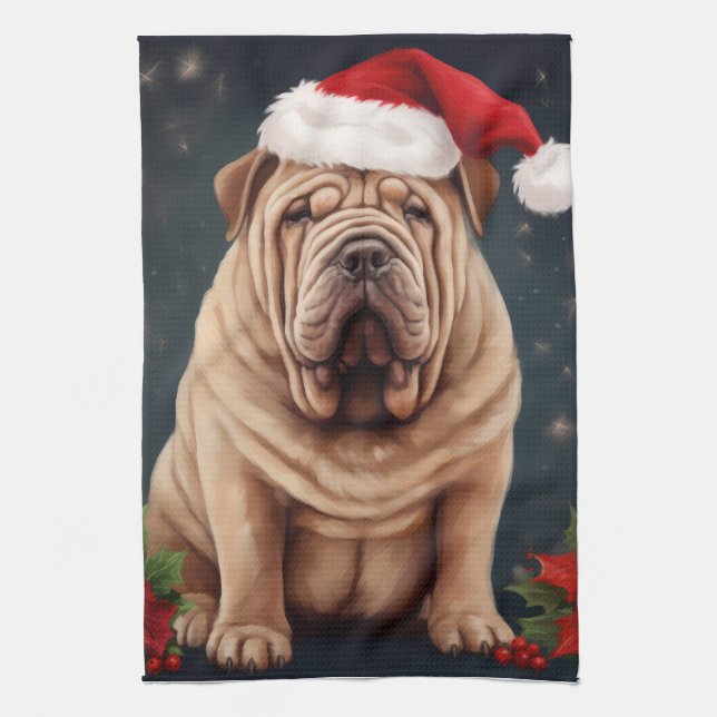 Shar Pei Dog in Snow Christmas  Tea Towel (Vertical)