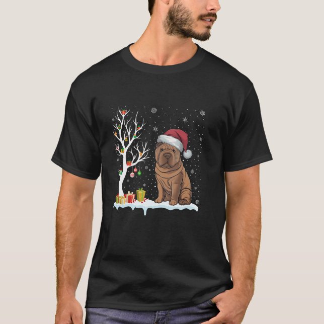 Shar Pei Dog Santa Hat Festive Tree Light Christma T-Shirt (Front)