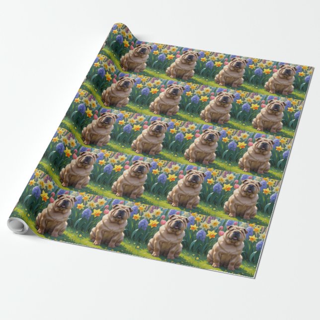 Shar Pei Dog Spring Flowers Painting Wrapping Paper (Unrolled)