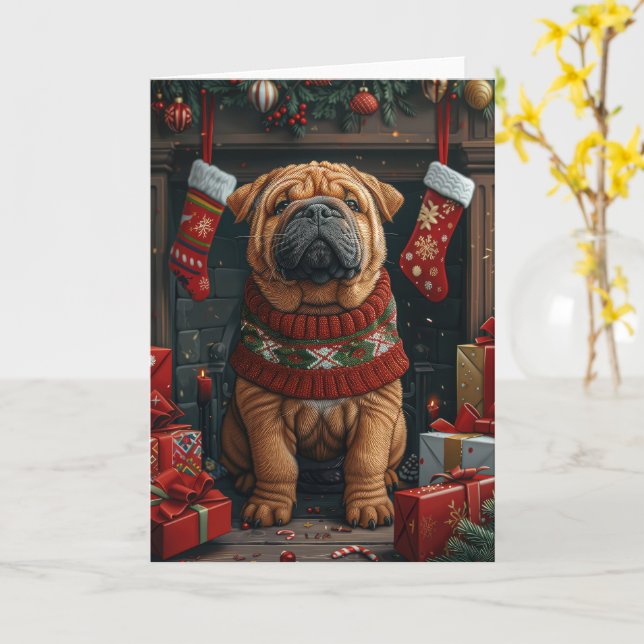 Shar Pei Dog With Christmas Gifts Fireplace Card (Yellow Flower)