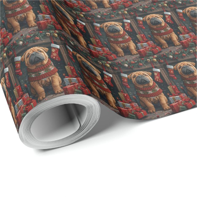 Shar Pei Dog With Christmas Gifts Fireplace Wrapping Paper (Roll Corner)