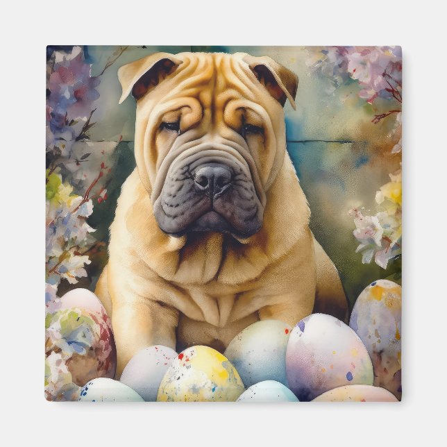 Shar Pei Dog with Easter Eggs Holiday  Magnet (Front)