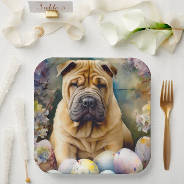 Shar Pei Dog with Easter Eggs Holiday  Paper Plate (Wedding)