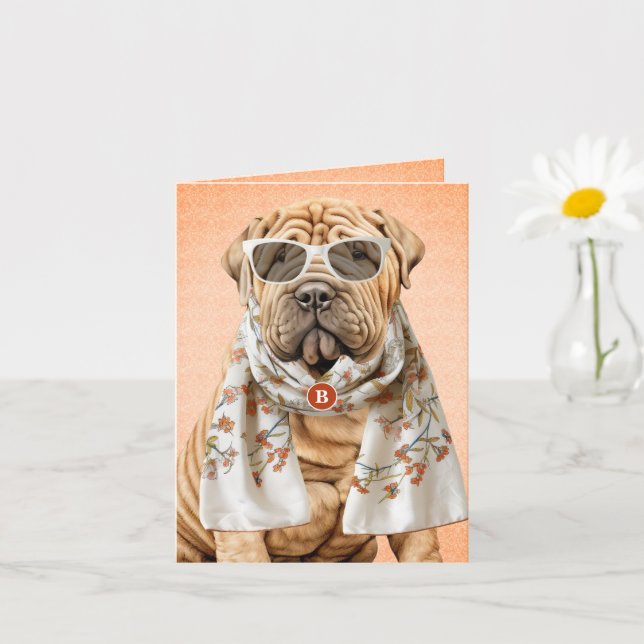 Shar Pei Dog with Peach Pattern Monogrammed Card (Small Plant)