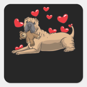 Shar Pei Dog With Stuffed Animal And Hearts Square Sticker