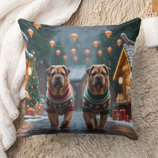 Shar Pei  Dogs Christmas Snow Holiday Cushion (Blanket)