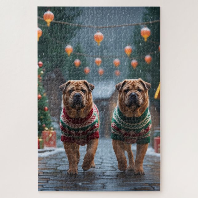 Shar Pei  Dogs Christmas Snow Holiday Jigsaw Puzzle (Vertical)