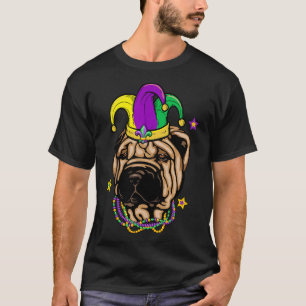 Shar Pei Face Wearing Mardi Gras Beads Jester Hat T-Shirt