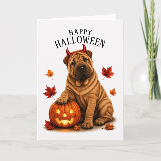 Shar Pei Halloween Devil Dog Card (Front)