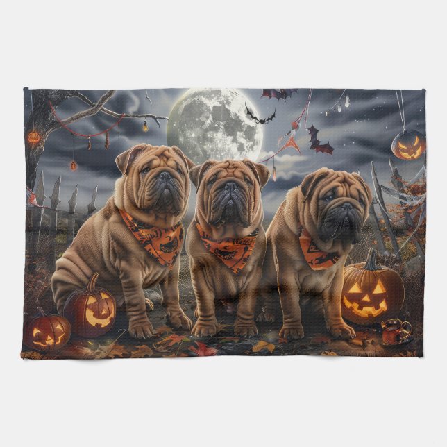 Shar Pei Halloween Spooky Tea Towel (Horizontal)