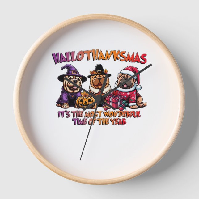 Shar Pei Halloween Thanksgiving Christmas Classic  Clock (Front)