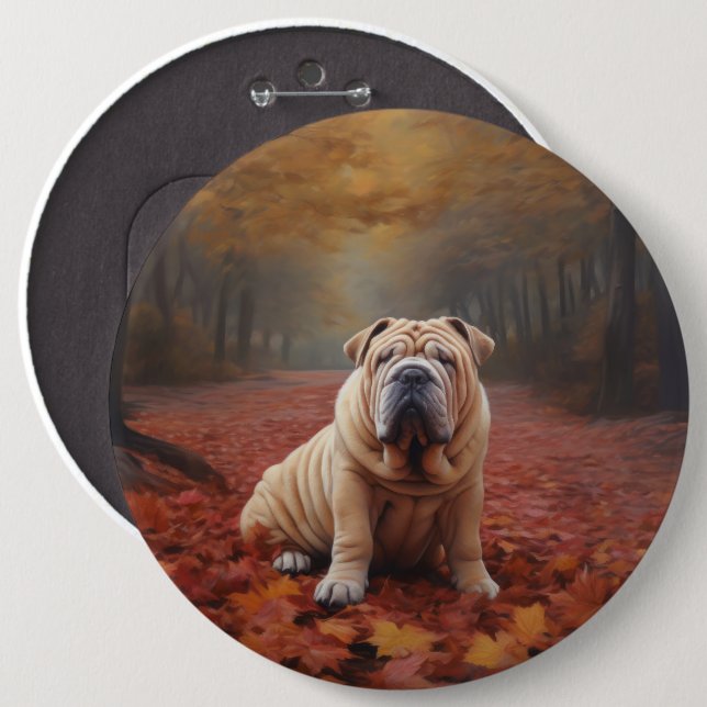 Shar Pei in Autumn Leaves Fall Inspire 6 Cm Round Badge (Front & Back)
