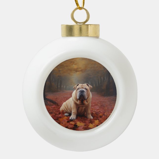 Shar Pei in Autumn Leaves Fall Inspire Ceramic Ball Christmas Ornament (Front)