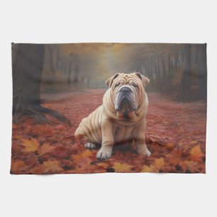 Shar Pei in Autumn Leaves Fall Inspire Tea Towel