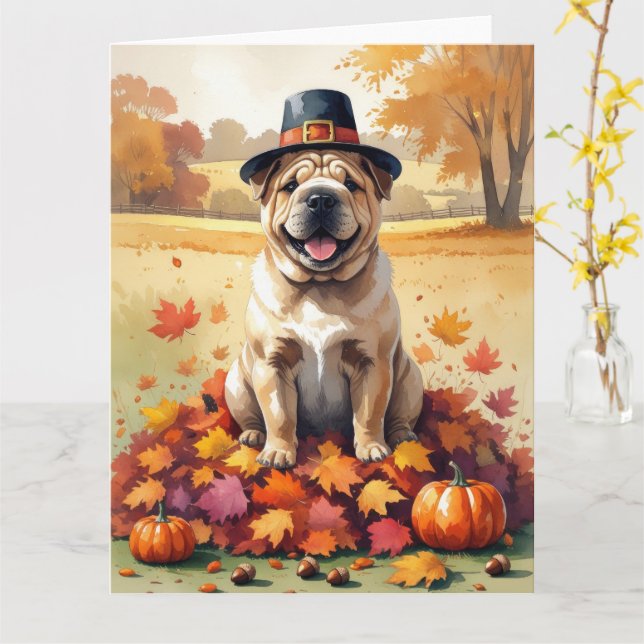 Shar Pei In Autumn Leaves Thanksgiving Art Card (Yellow Flower)