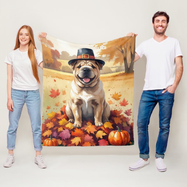 Shar Pei In Autumn Leaves Thanksgiving Art Fleece Blanket (In Situ)